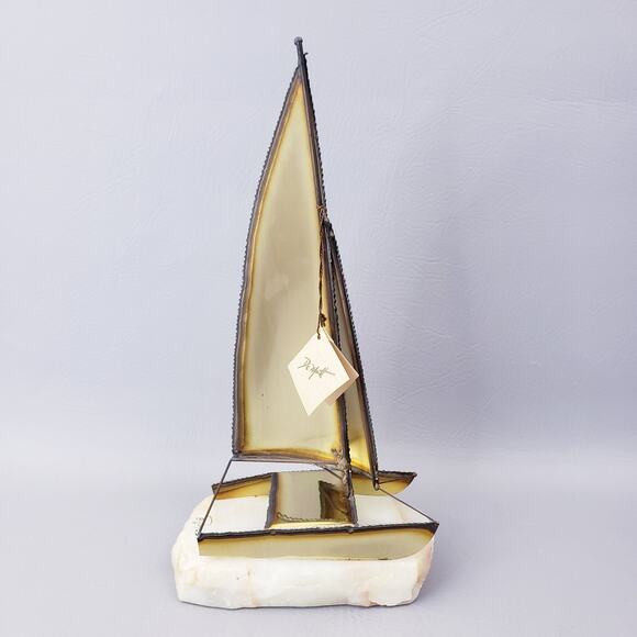 Vintage 70s DeMott Brass Sailboat Sculpture Signed Brass Sail Boat/Gem Rock Base - Picture 2 of 10